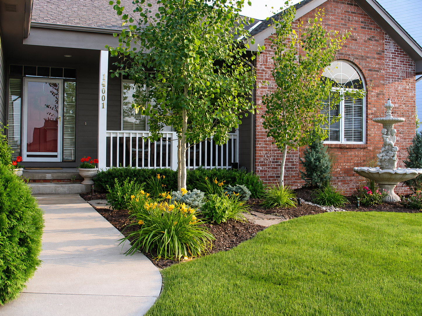 Landscaped front yard with fresh mulch and manicured lawn